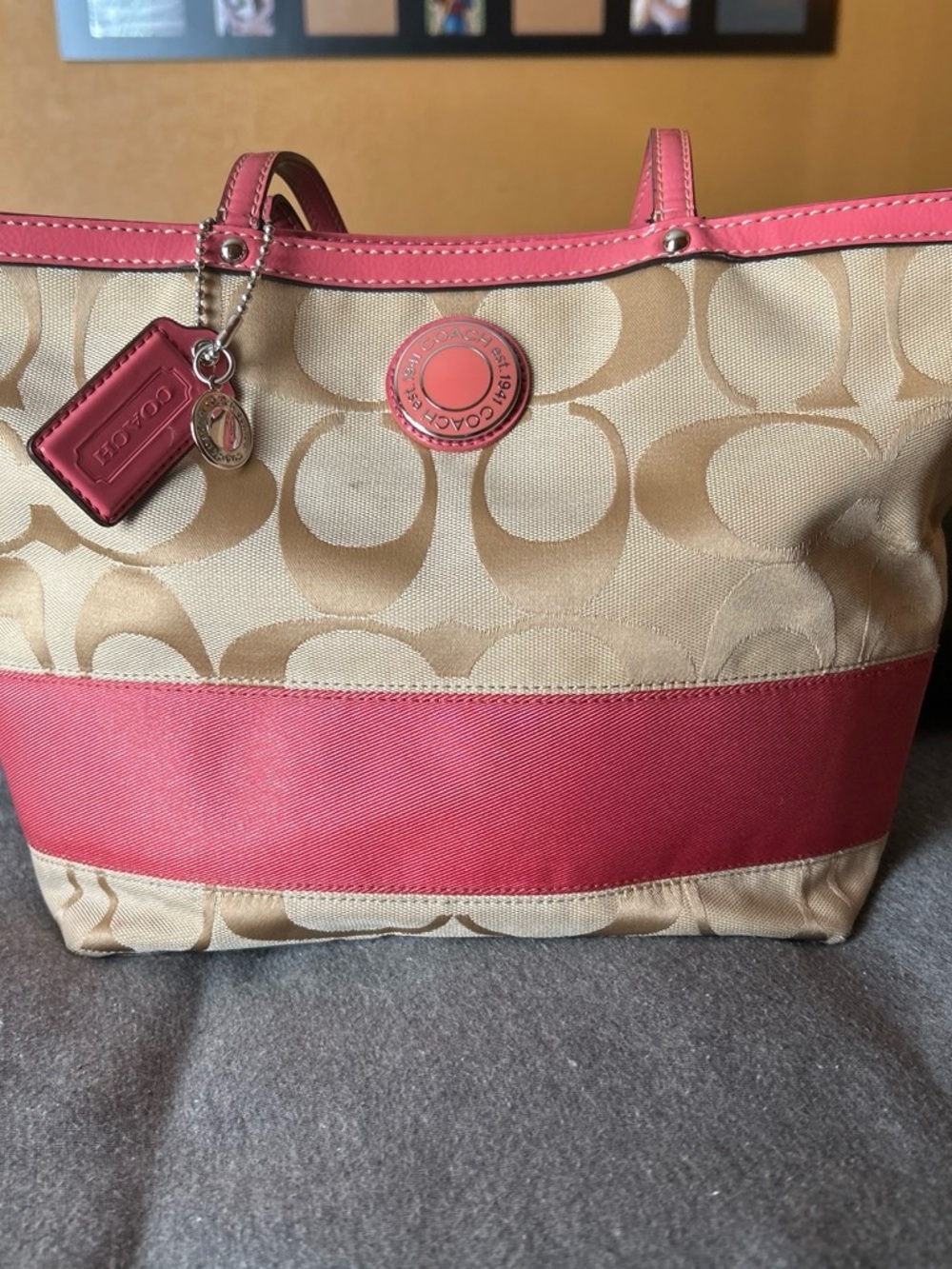Coach Khaki Signature Canvas Tote with Pink Trim
